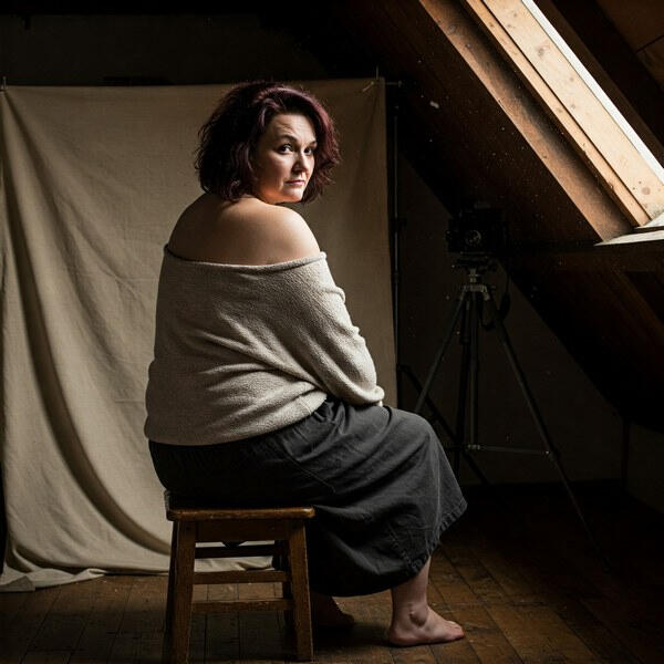 Woman seated in attic light, shoulder bare, facing viewer – symbol of erotic observation and dominant gaze